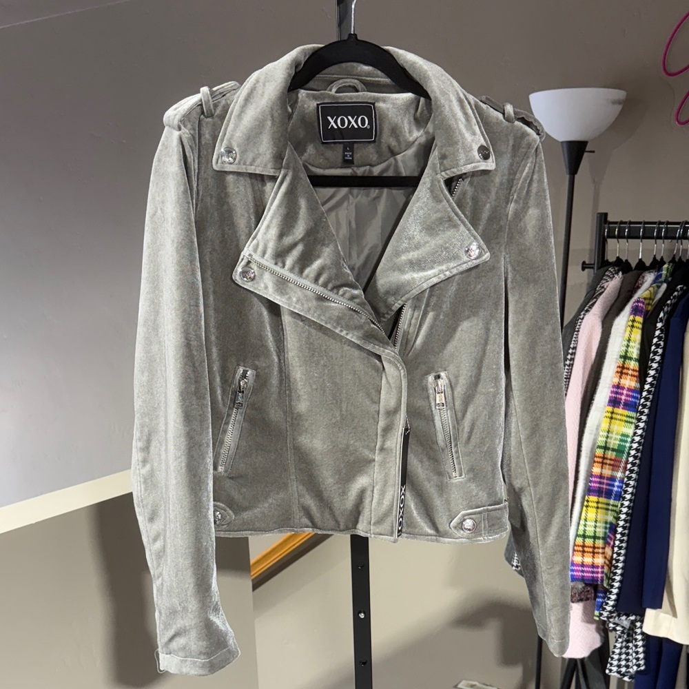 XOXO Women's Silver Velvet Moto Jacket